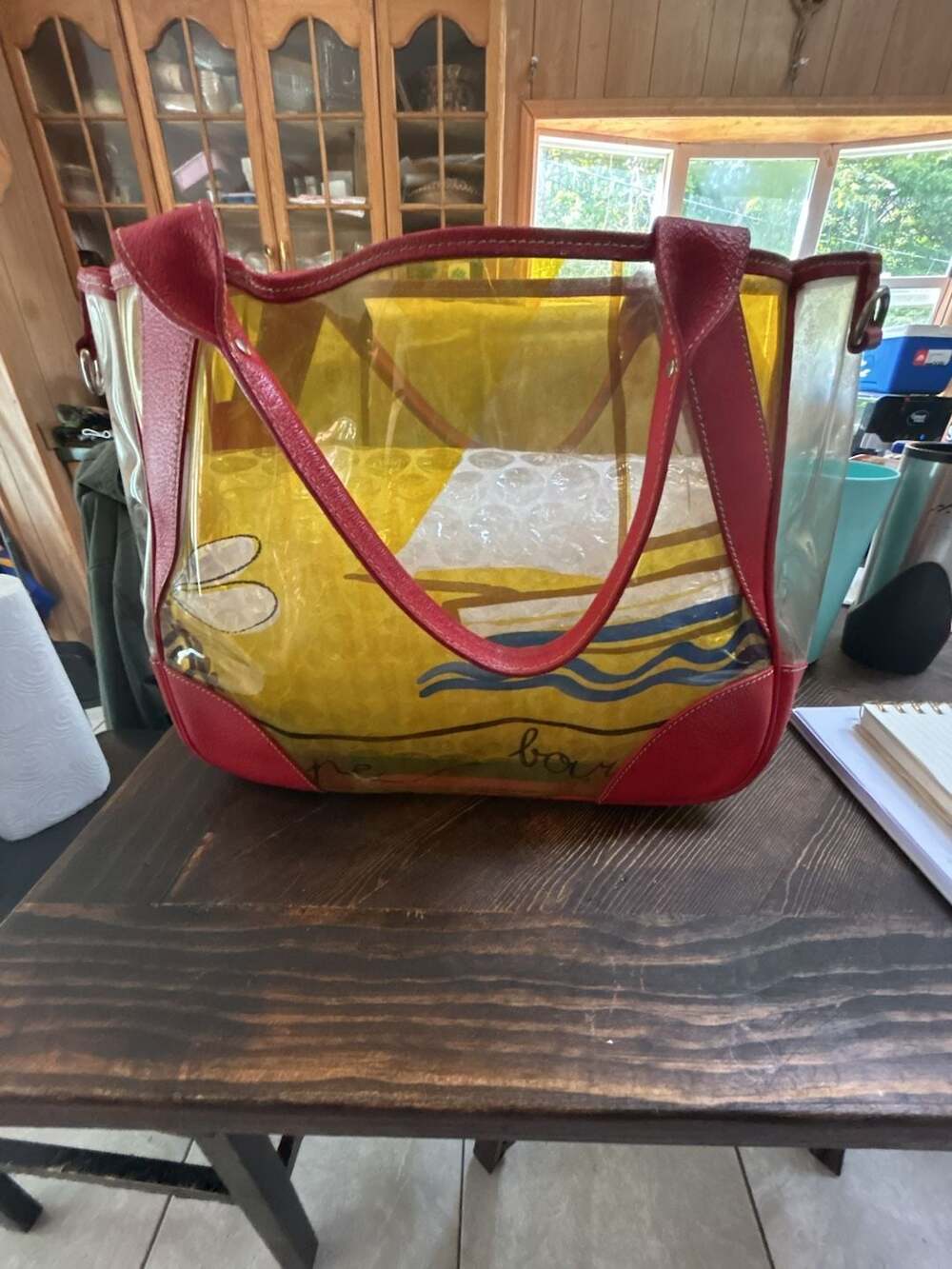 Prada Vintage Printed PVC and Red Leather Beach Tote Bag